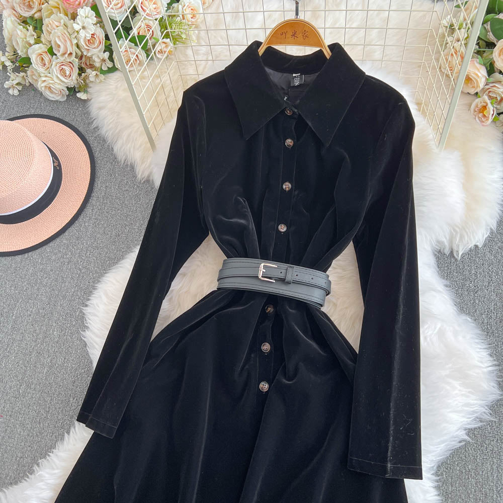 Simple Design Black Velvet Shirt Dress