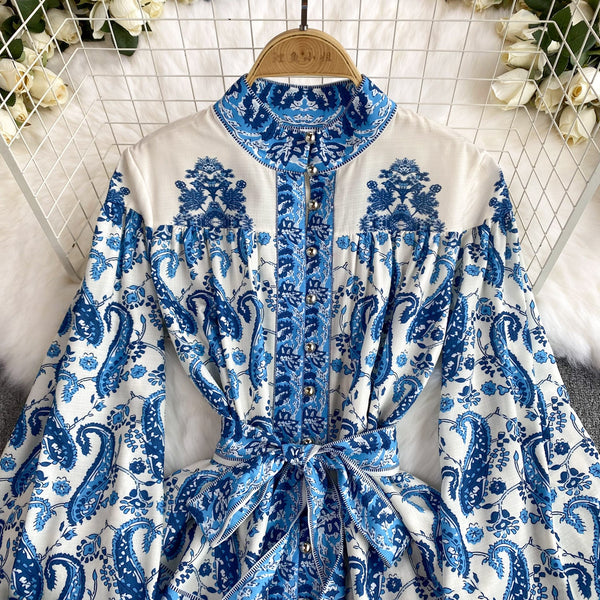 Courtly Floral Long-sleeve Ruffled Dress