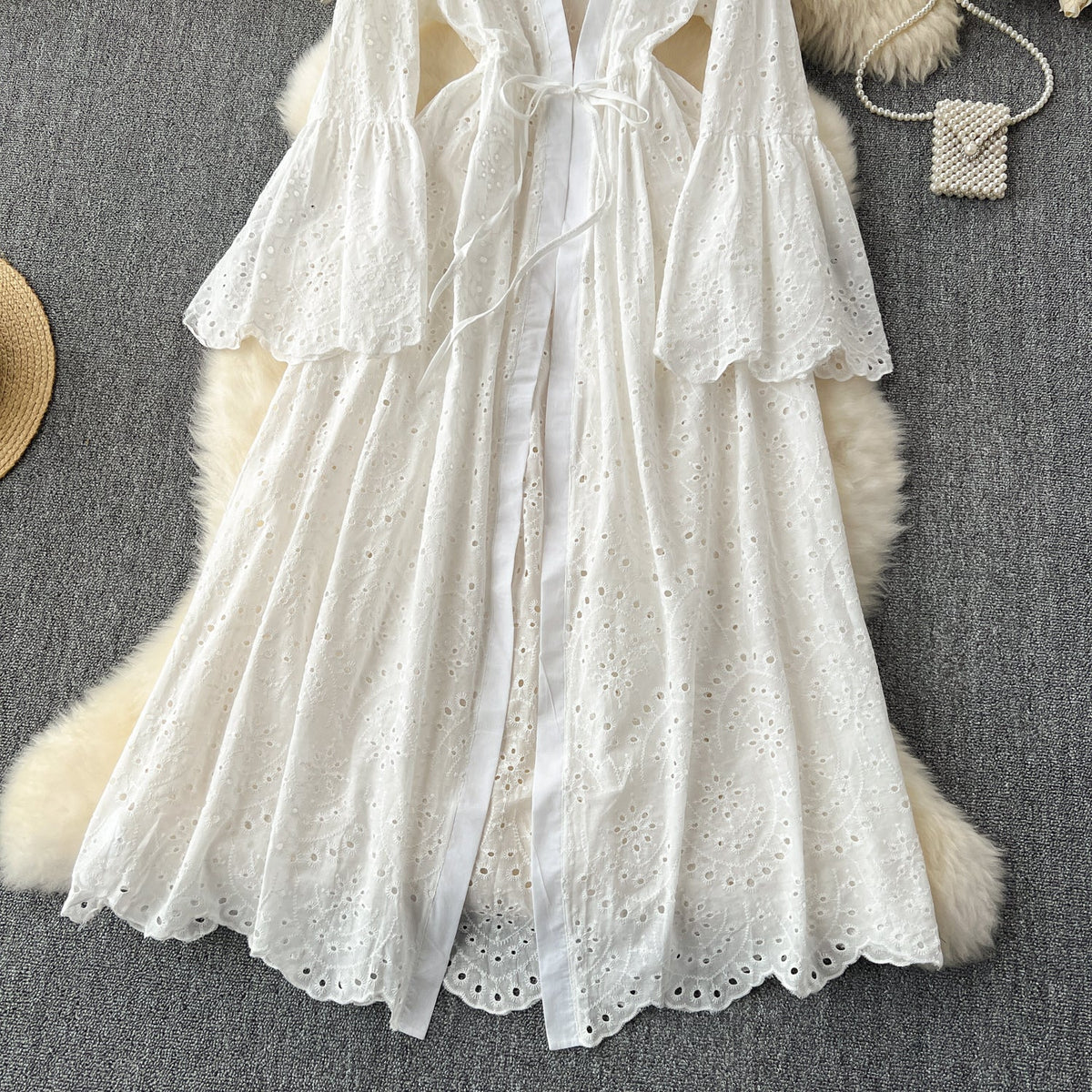 Hollowed Embroidered White Cardigan Dress