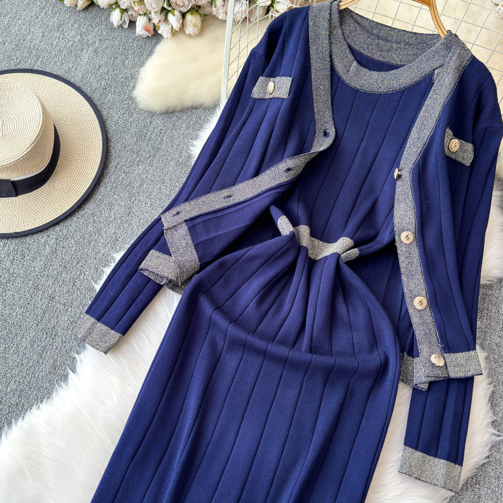 Cardigan&Vest Dress Color Blocking 2Pcs