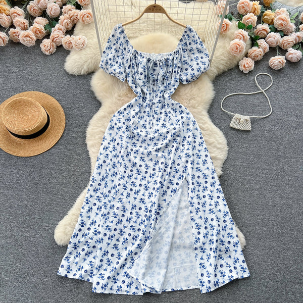 Ruffled Neckline Floral Split Dress