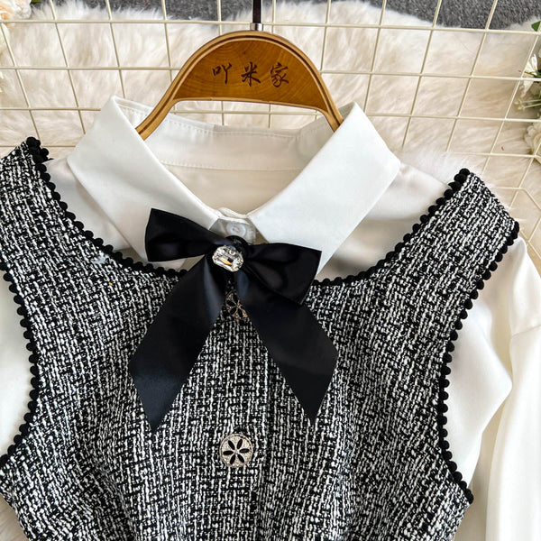 Tweed Vest Dress&White Shirt 2Pcs