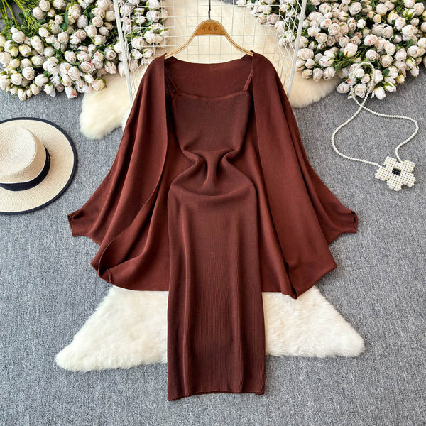 Knitted Shawl&Slip Dress 2Pcs