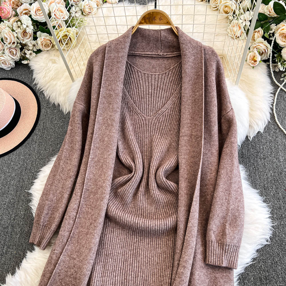 Openwork Cardigan&Vest Dress 2Pcs