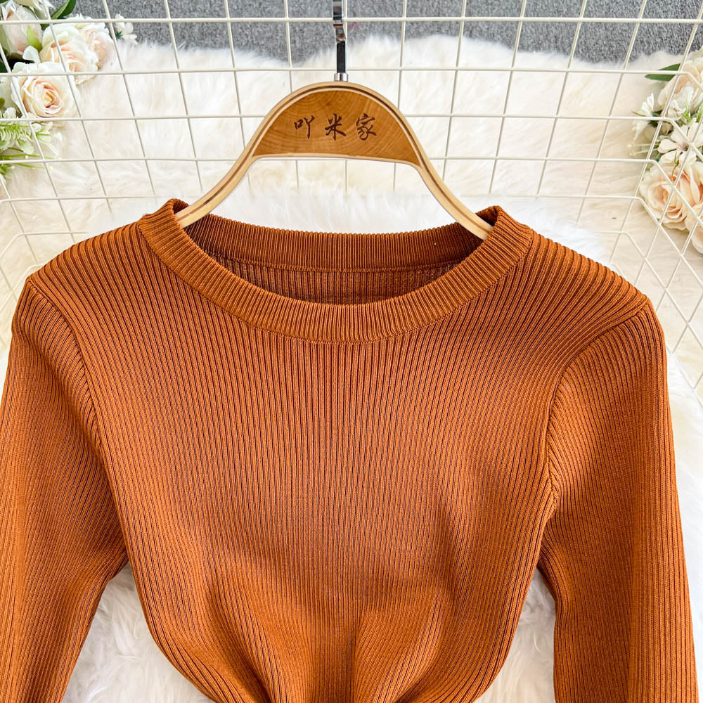Round Collar Split Stretchy Knitted Dress