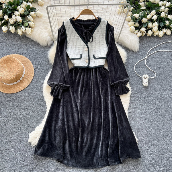 Lace-up Corduroy Dress&Jacquard Vest 2Pcs
