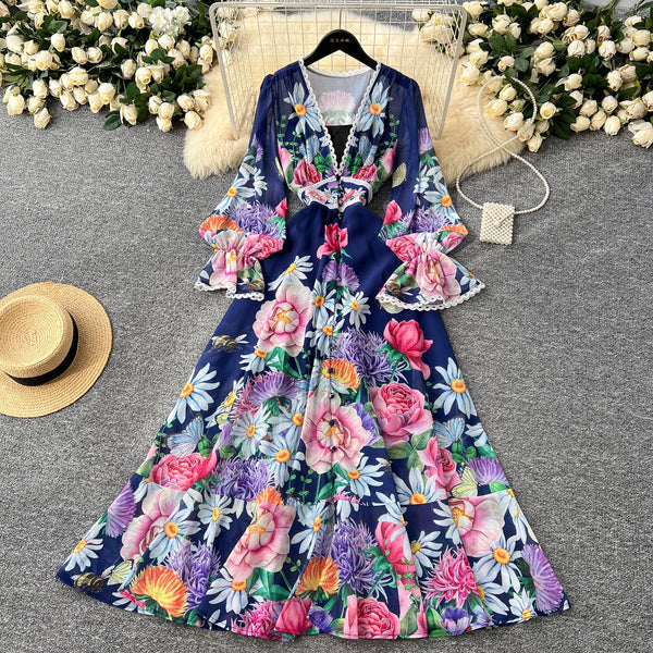 Deep V-neck Ruffled Floral Dress