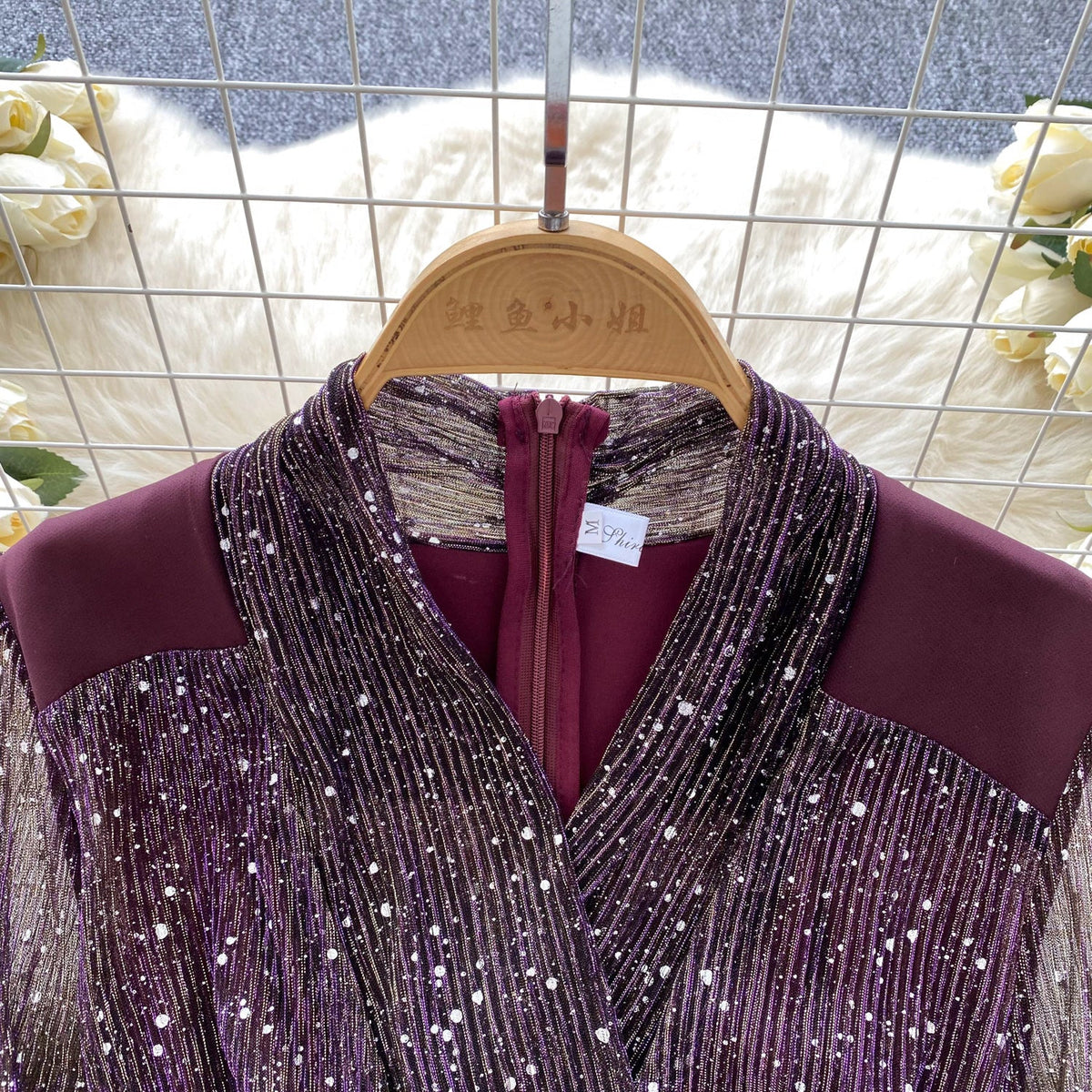 Sequined Mesh Patchwork Satin Dress