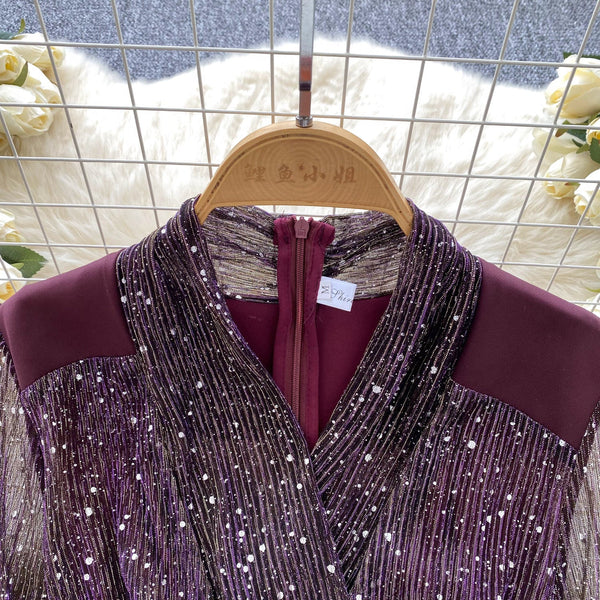 Sequined Mesh Patchwork Satin Dress