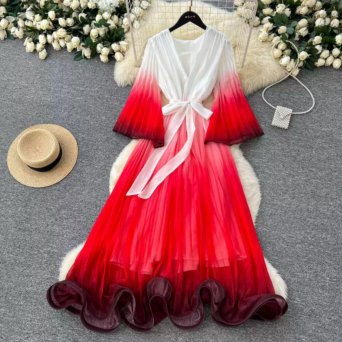 Gradient Color V-neck Fairy Dress