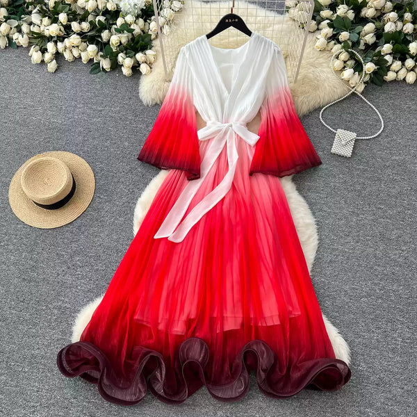 Gradient Color V-neck Fairy Dress
