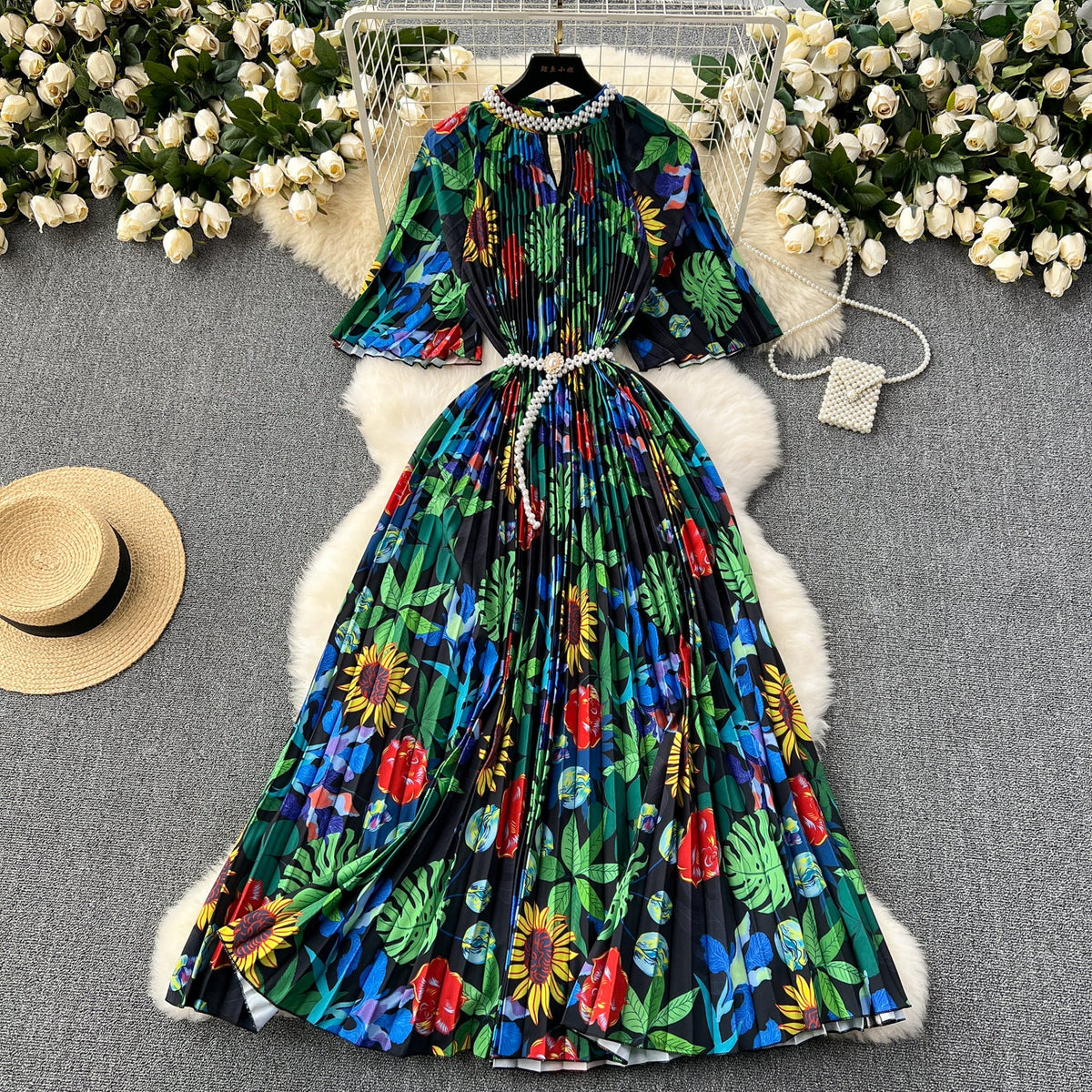 Beaded Crew Neck Printed Dress