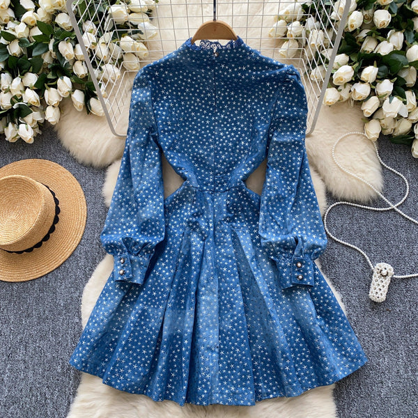 Stand Collar Star Printed Patchwork Dress