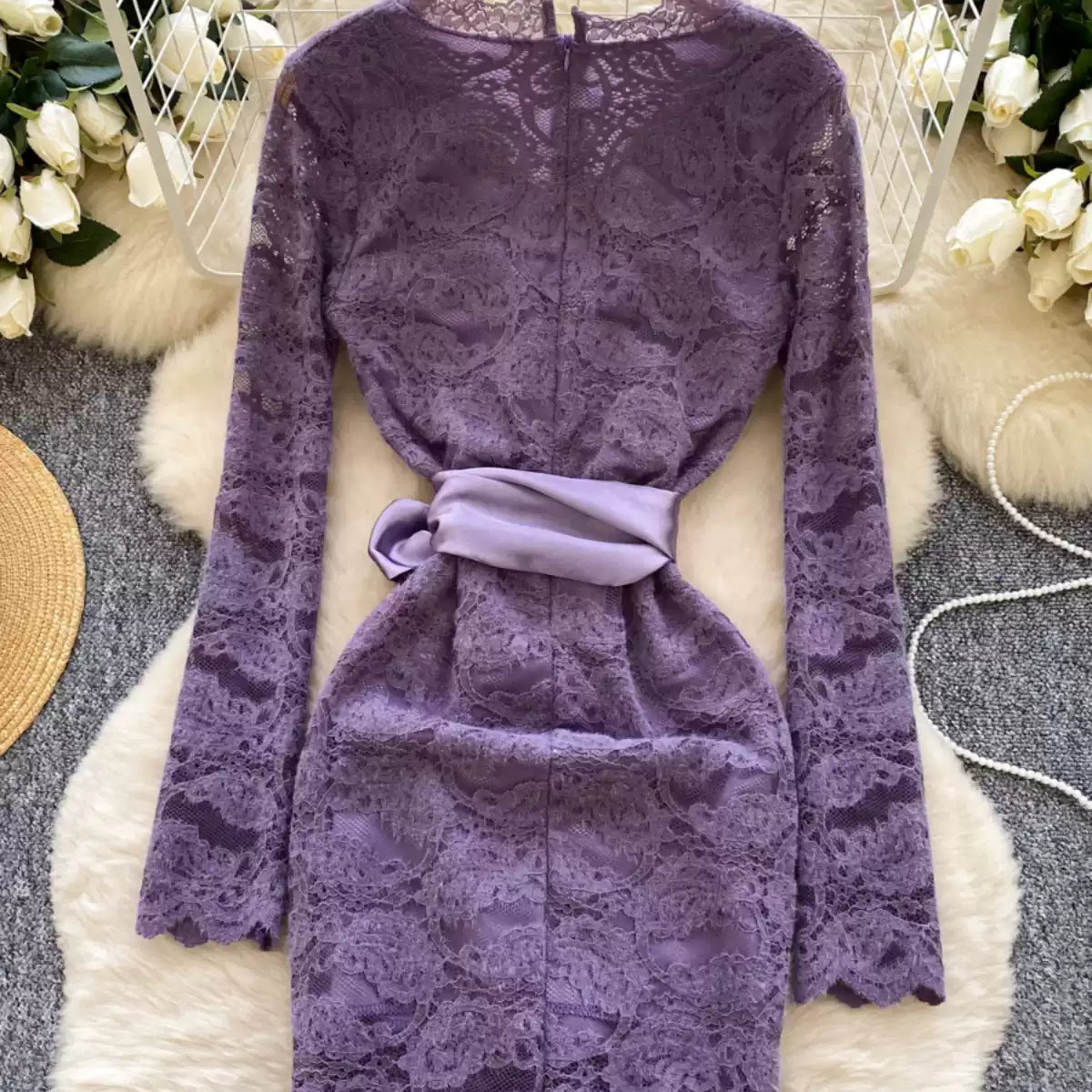 V-neck Embroidered Flocked Lace Dress