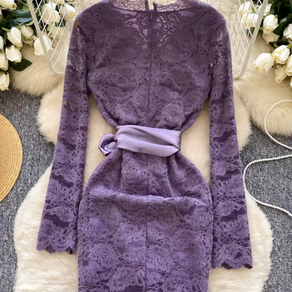 V-neck Embroidered Flocked Lace Dress