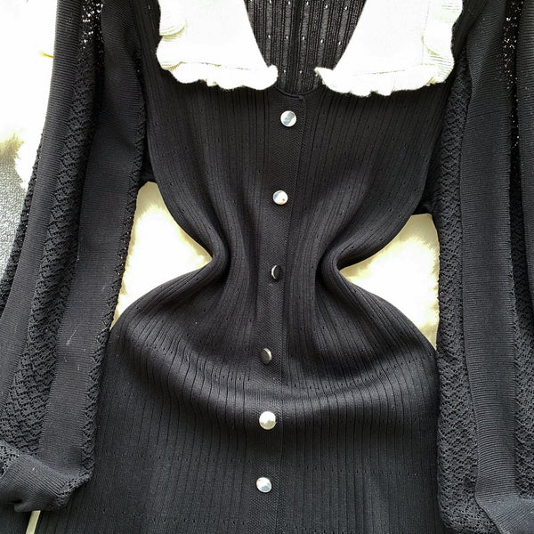 Doll Collar Black Knitted Shirt Dress