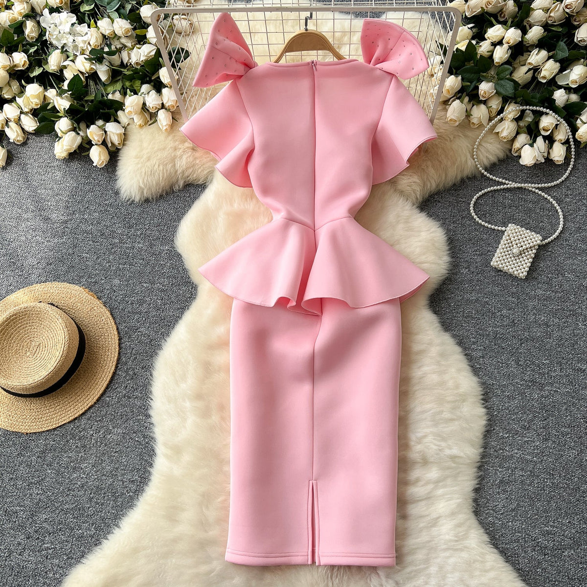 Beaded Bow-tie Ruffled Pink Dress