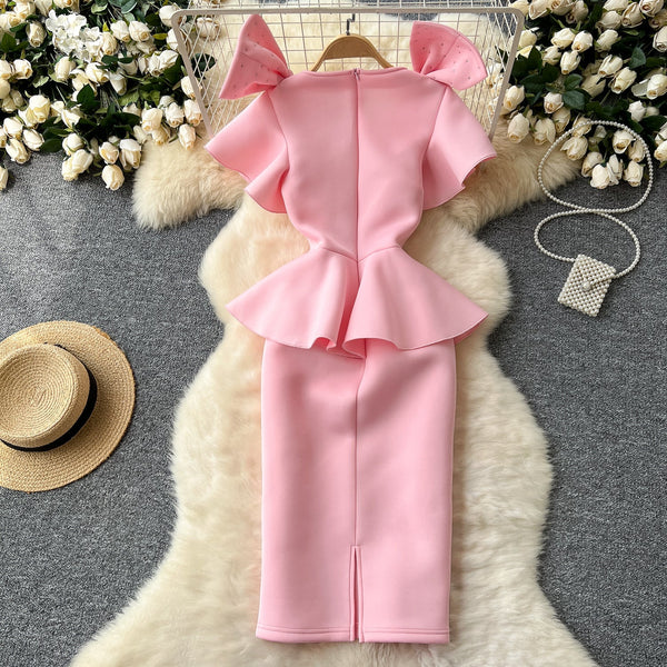 Beaded Bow-tie Ruffled Pink Dress