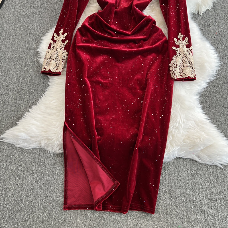 Lace Embroidered Velvet Cheongsam