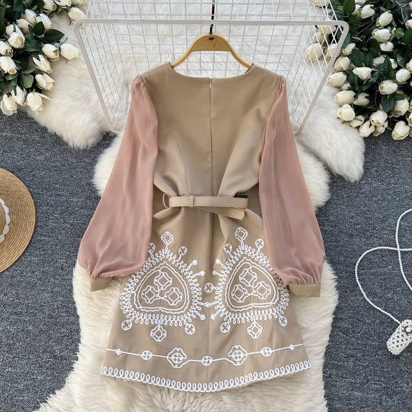 Round Collar Embroidered Patchwork Dress