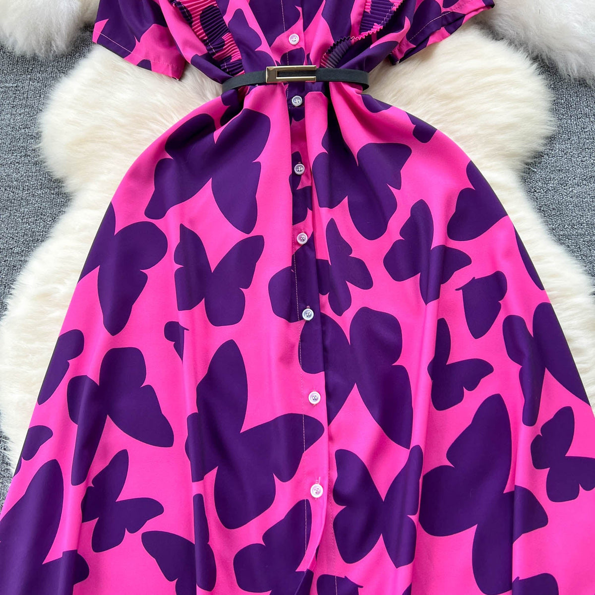 Niche Ruffled Printed Shirt Dress