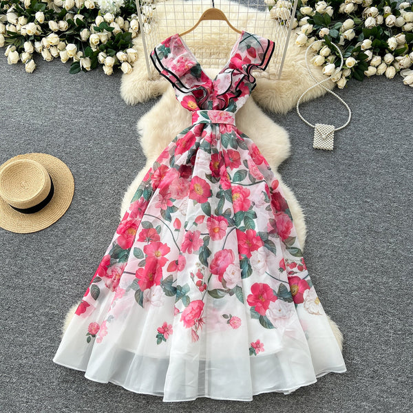 V-neck Ruffled Floral Printed Dress
