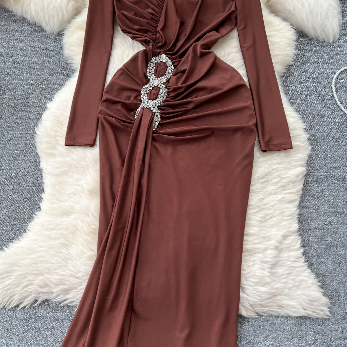 Premium V-yaka Rhinestone Taşlı Elbise