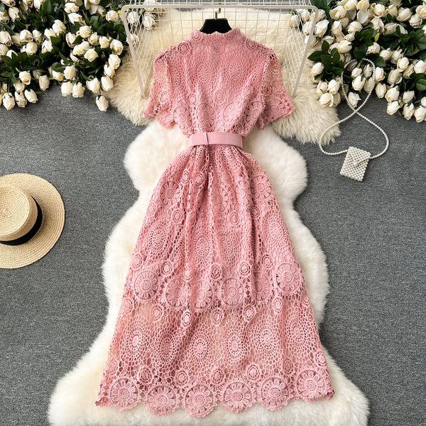 Courtly Stand Collar Hollowed Lace Dress