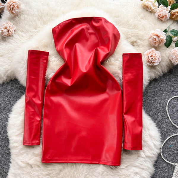 Off-shoulder PU Dress with Outer Sleeve