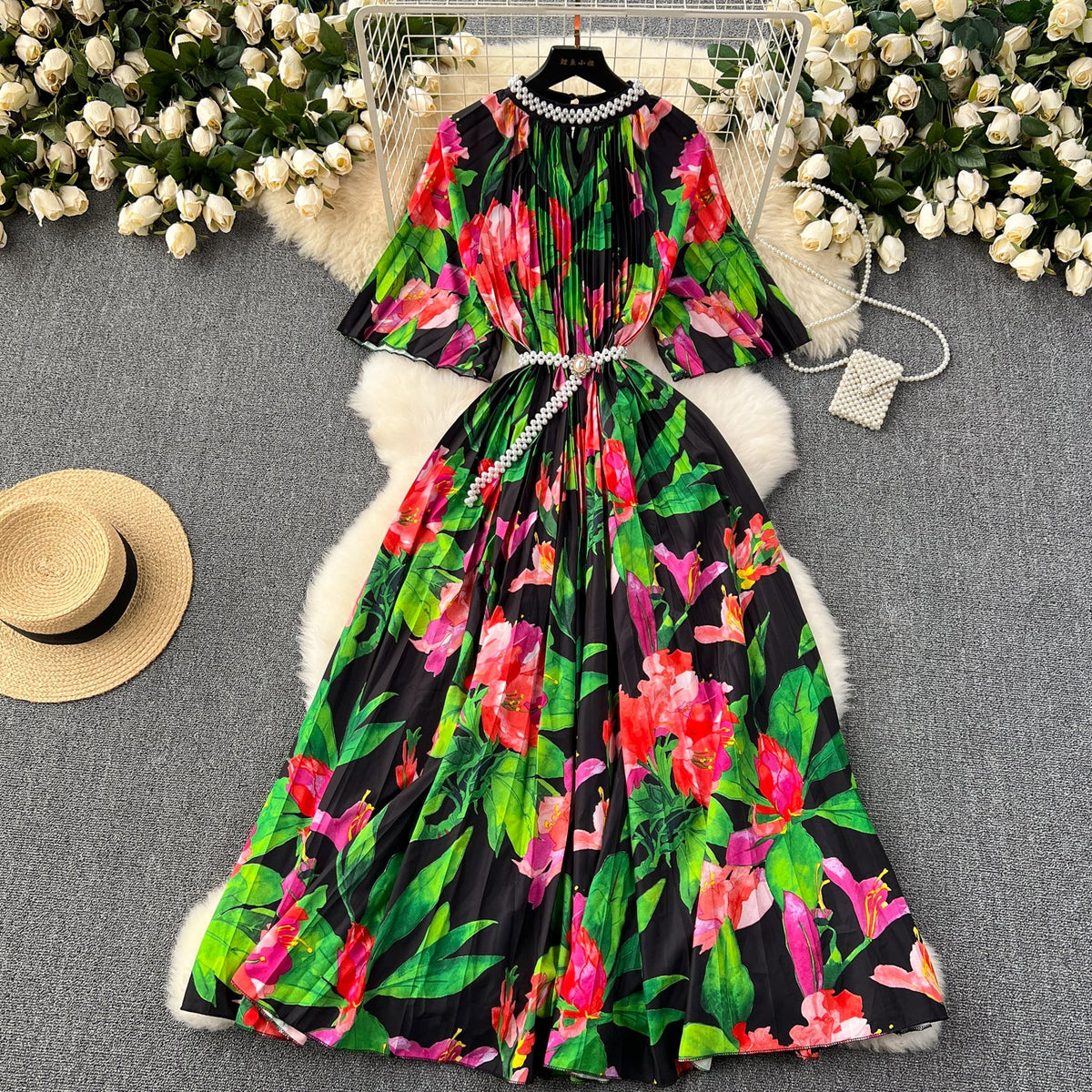 Beaded Crew Neck Printed Dress