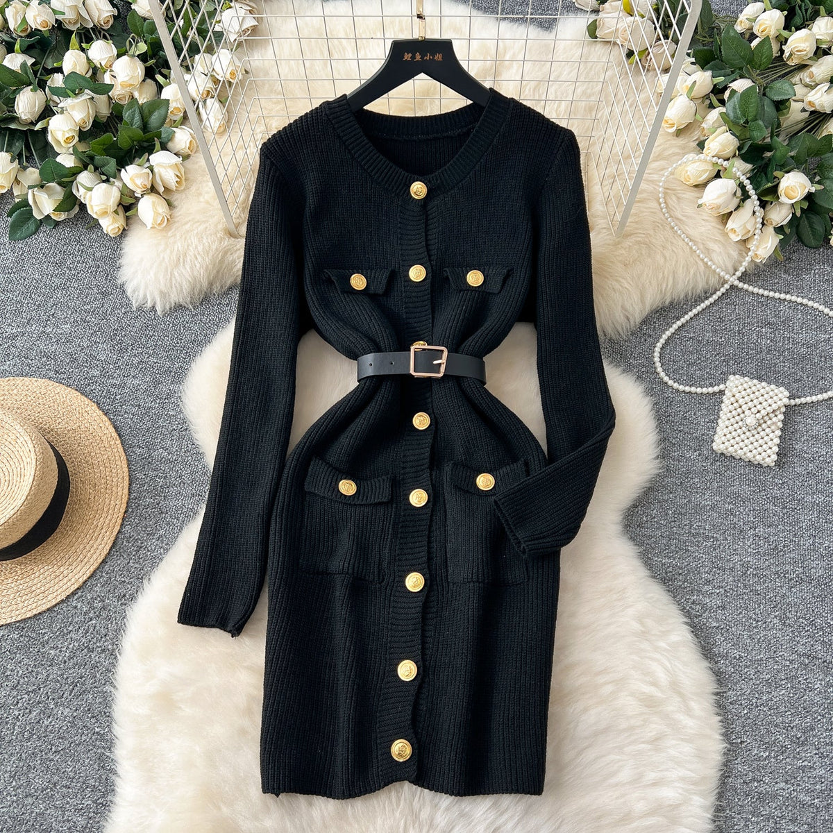 Metal Button Cardigan Dress with Belt