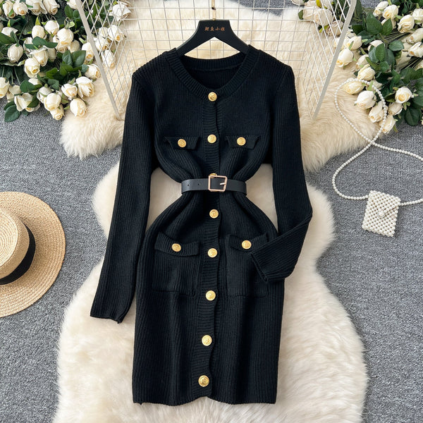 Metal Button Cardigan Dress with Belt