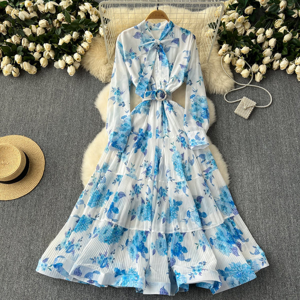 Elegant Pleated Floral Shirt Dress
