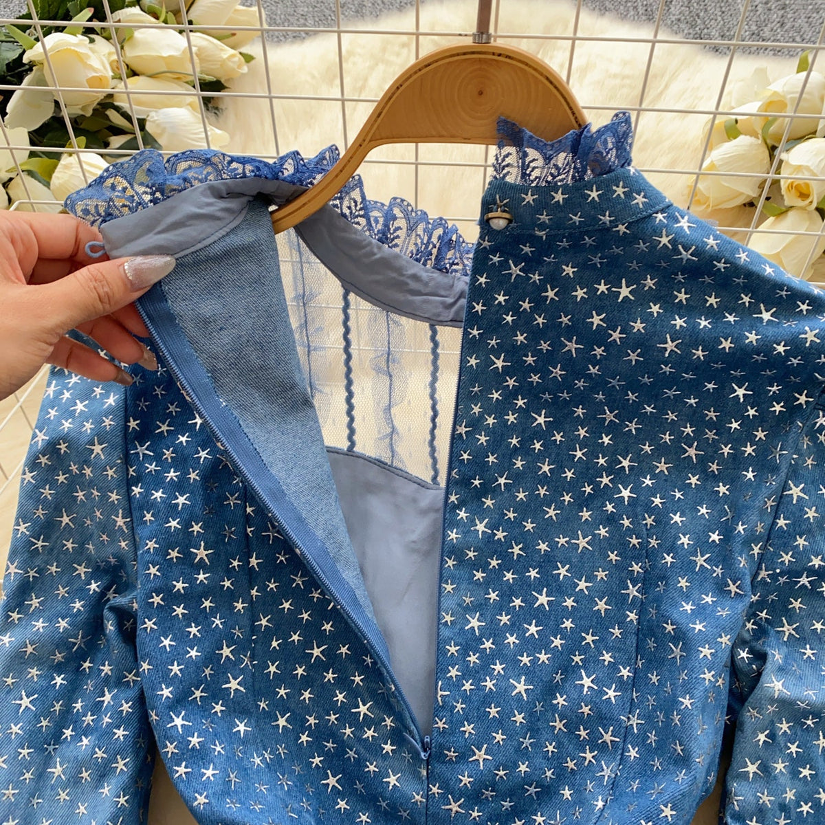 Stand Collar Star Printed Patchwork Dress