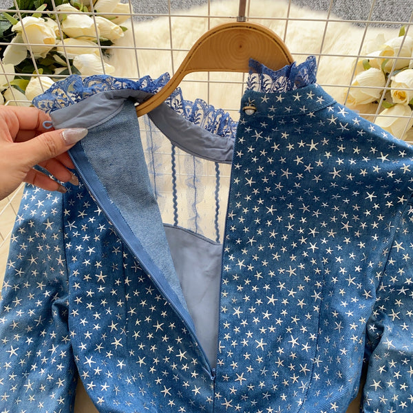 Stand Collar Star Printed Patchwork Dress