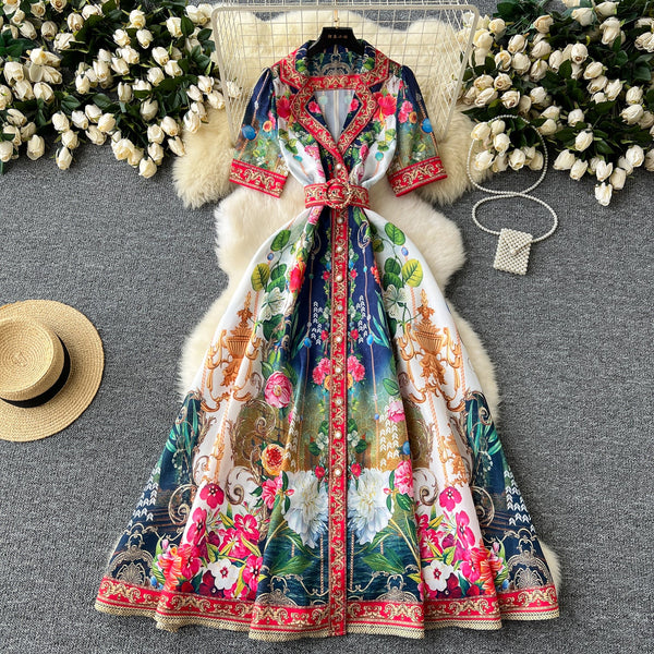 Courtly Floral Single-breasted Dress