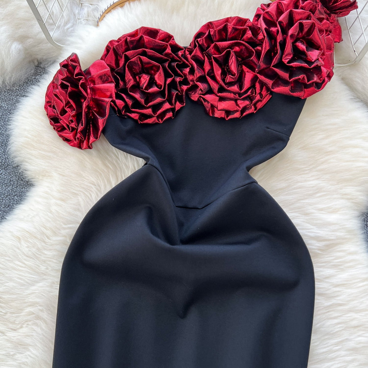 Slant 3D Rose Neckline Black Dress