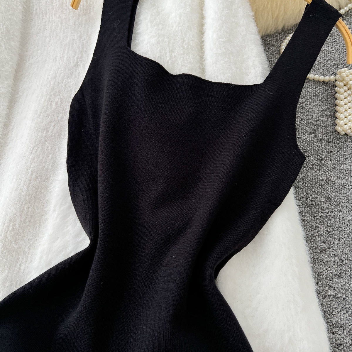 Black Vest Dress&White Cardigan 2Pcs