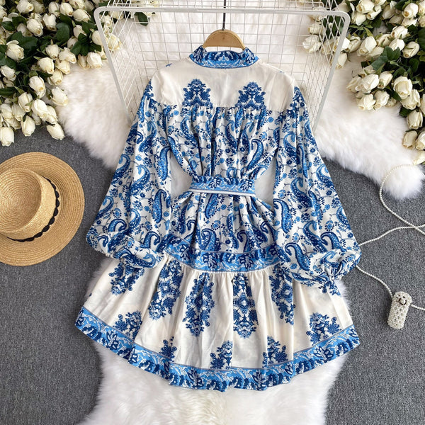 Courtly Floral Long-sleeve Ruffled Dress