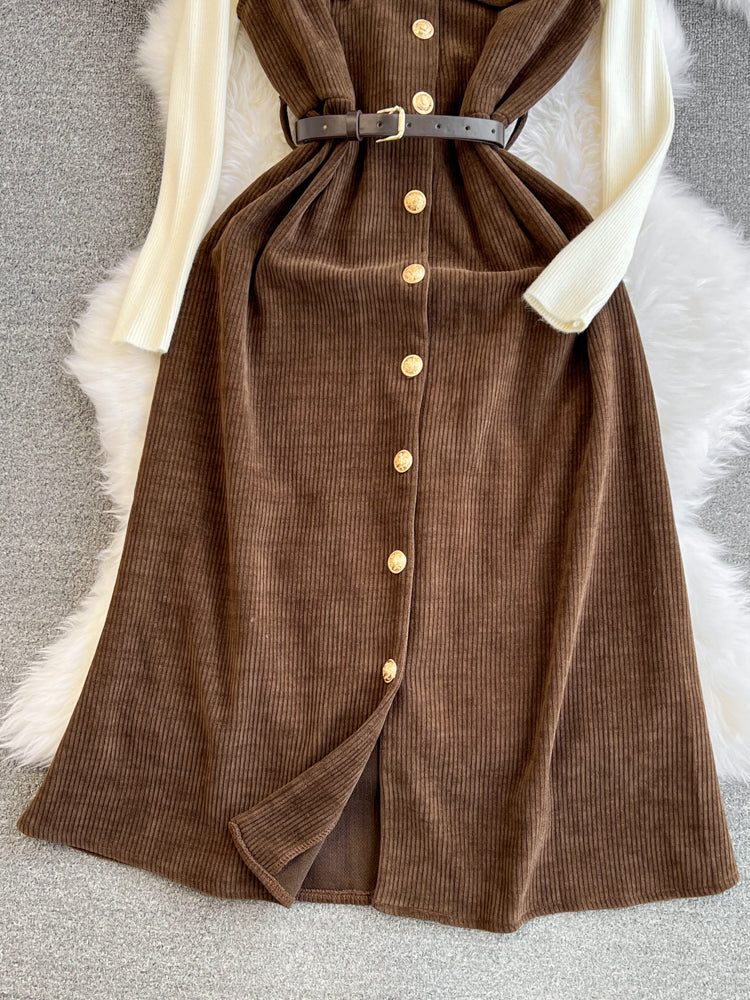 Corduroy Vest Dress&Knitwear 2Pcs