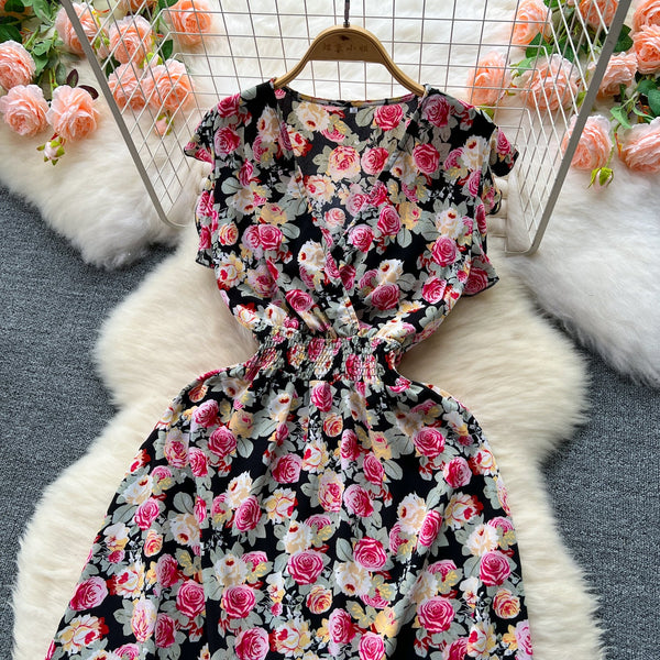 V-neck Elastic Waist Floral Dress