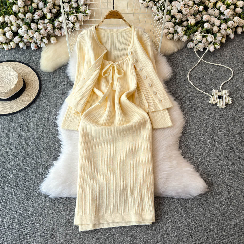 Cardigan&Lace-up Slip Dress Knitted 2Pcs