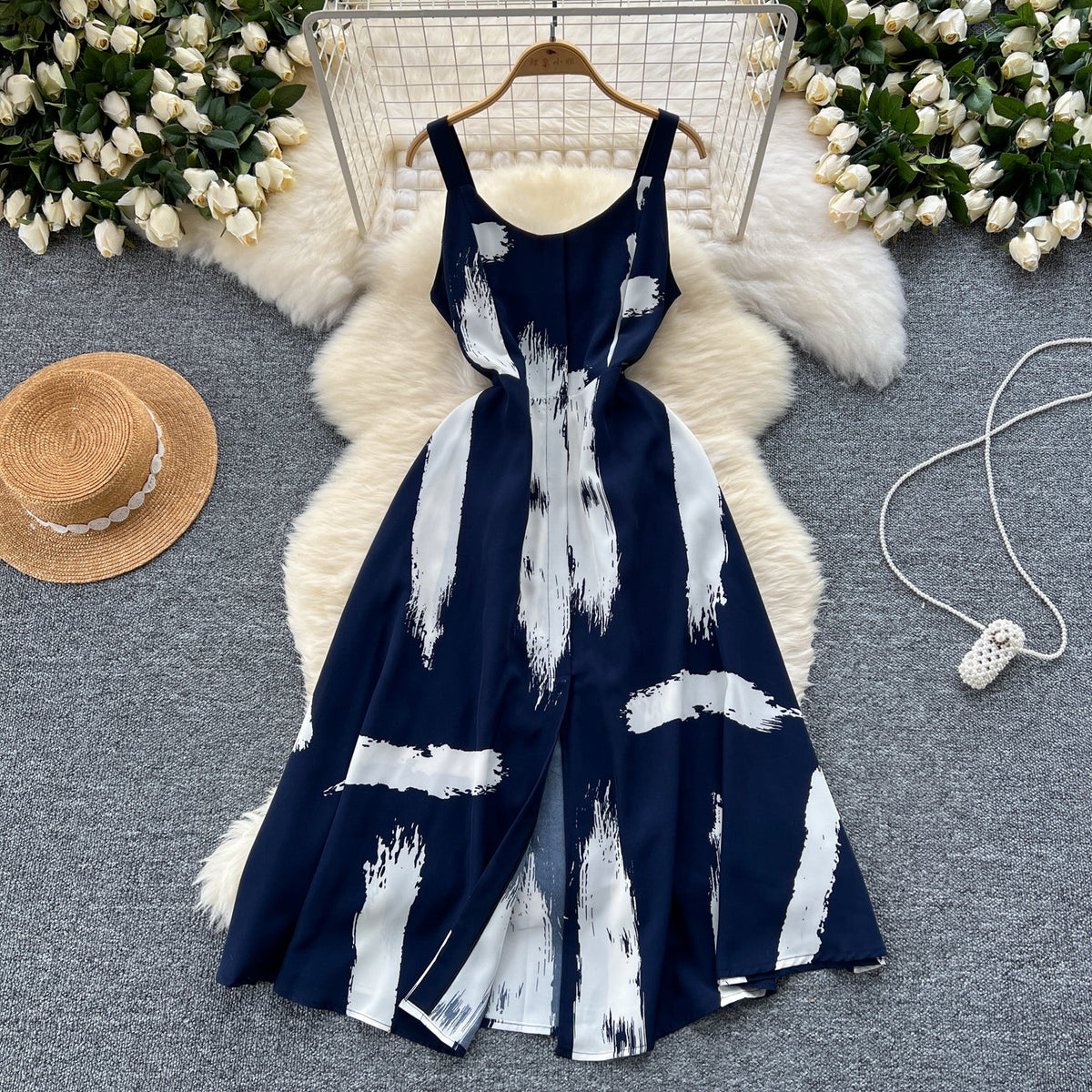 Vintage Printed Split Slip Dress