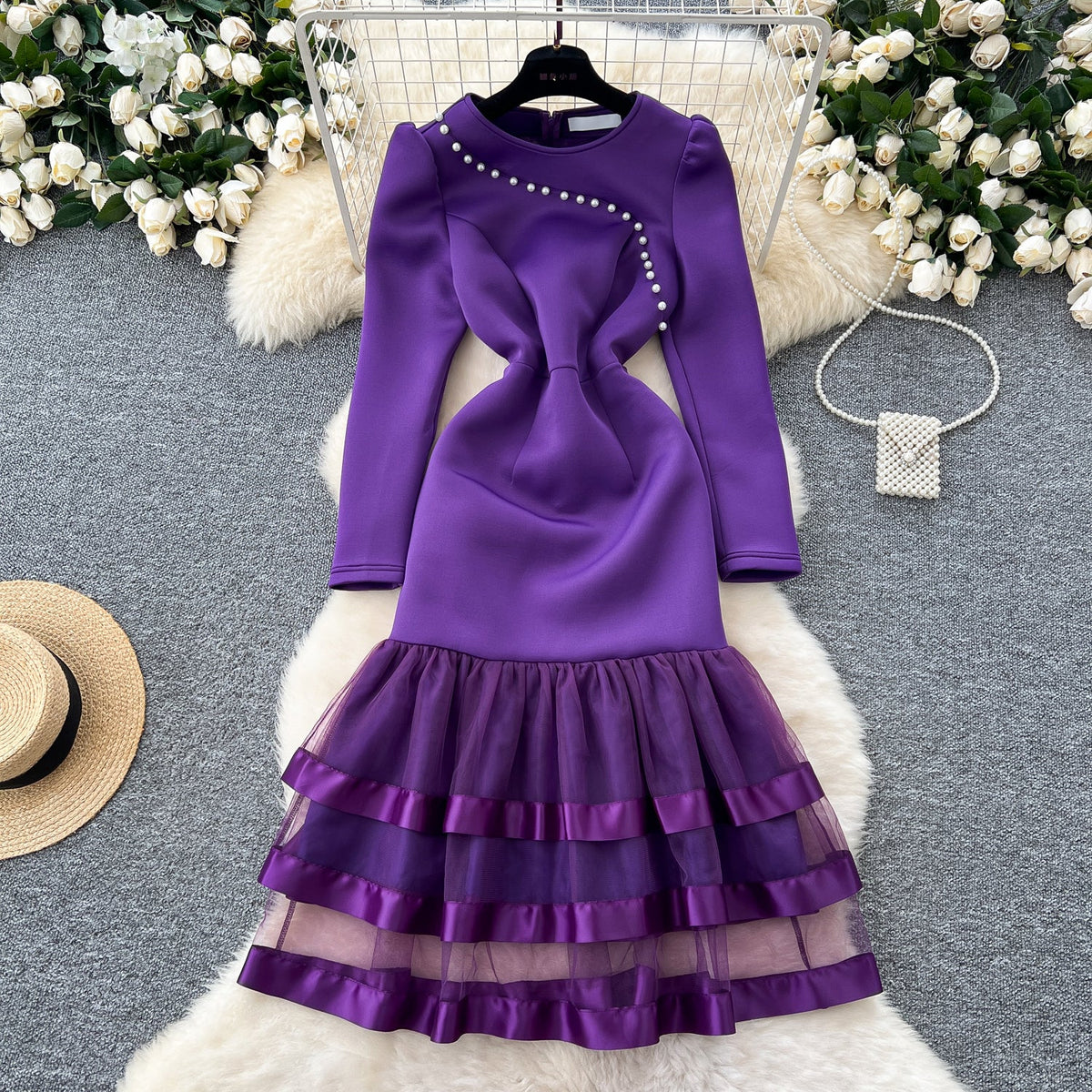 Puffy Sleeve Layered Mesh Hem Dress