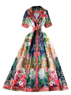 Courtly Floral Single-breasted Dress