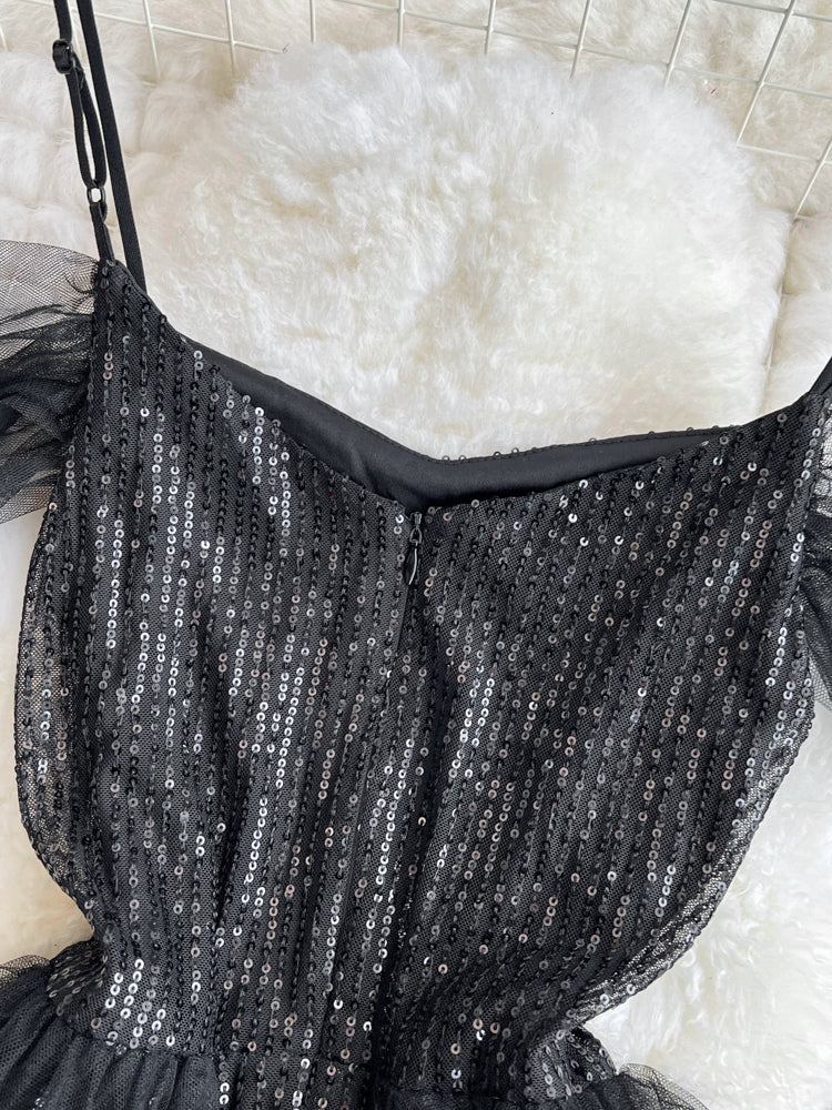 Ruffled Neckline Black Sequined Party Dress