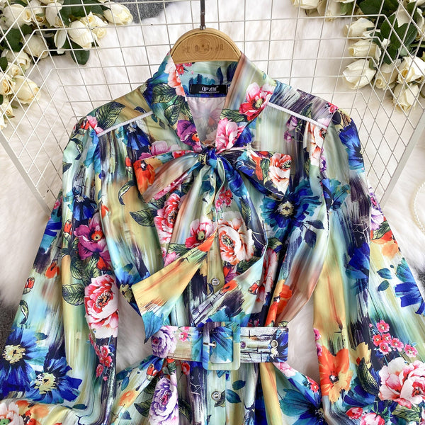 Vintage Lace-up Colorful Floral Shirt Dress