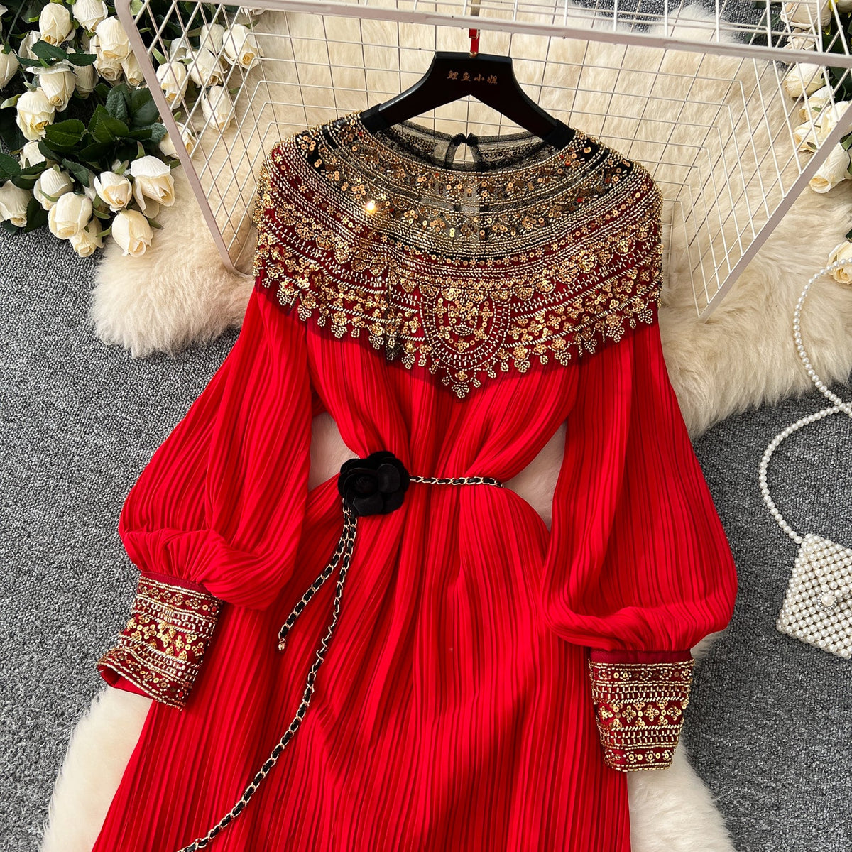 Ethnic Style Beaded Pleated Dress
