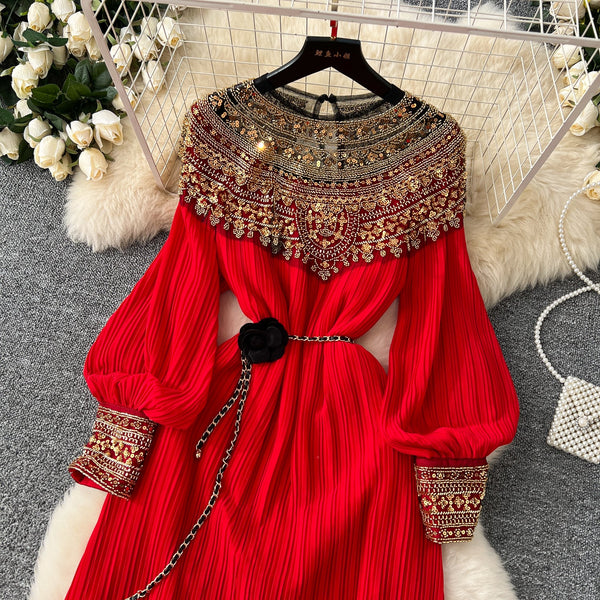 Ethnic Style Beaded Pleated Dress