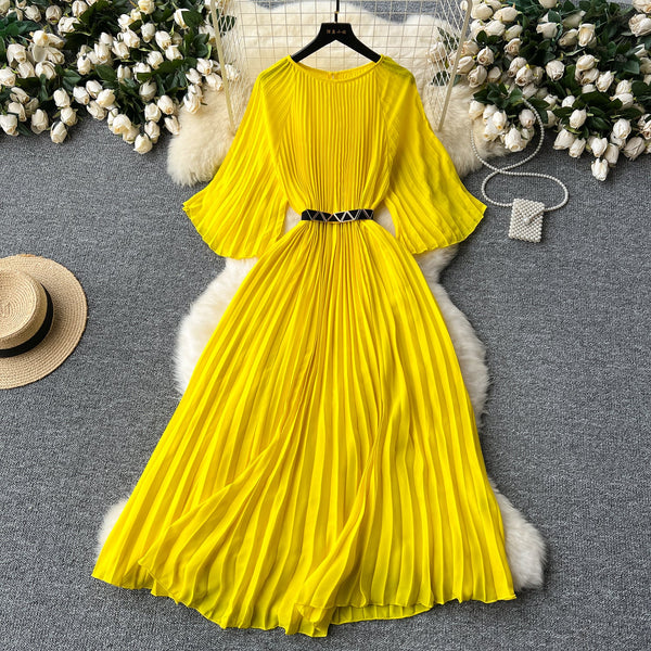 Vintage Solid Color Pleated Dress